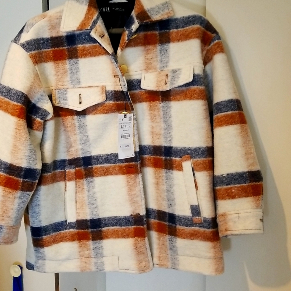 Zara Cream Plaid Jacket with Rust and Navy Stripes